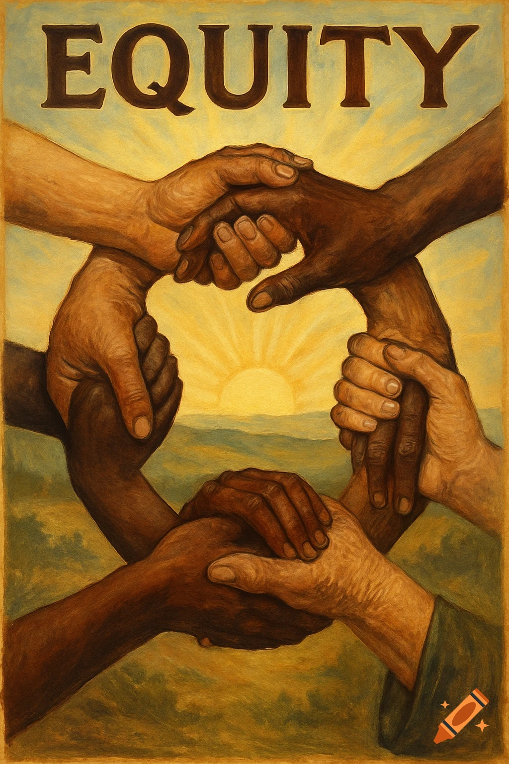Oil painting of diverse hands clasped in a circle, 'EQUITY' at top, sun rising in center.
