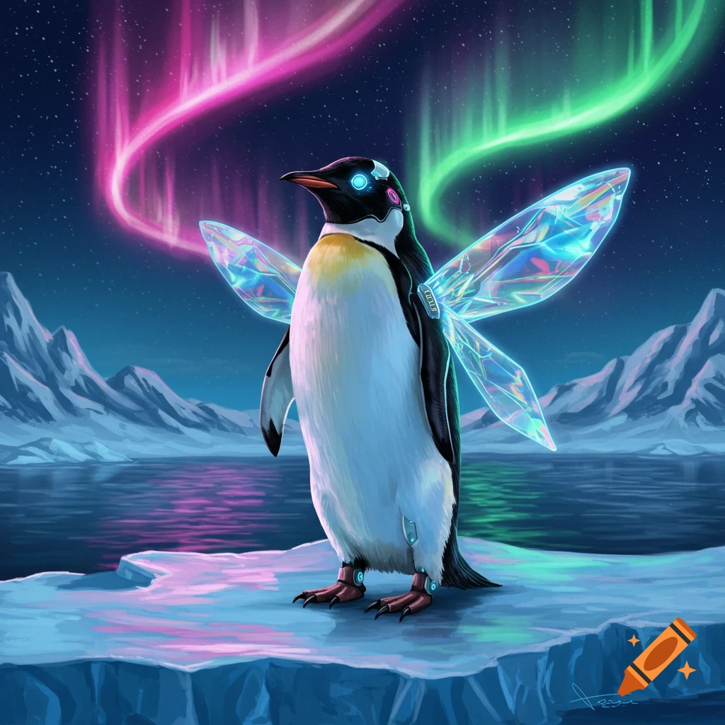 A cybernetic penguin with glowing iridescent wings stands on an ice floe under a night sky illuminated by pink and green aurora.