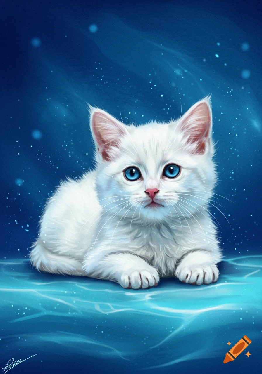 Digital illustration of a white kitten with bright blue eyes on a sparkling deep blue background.