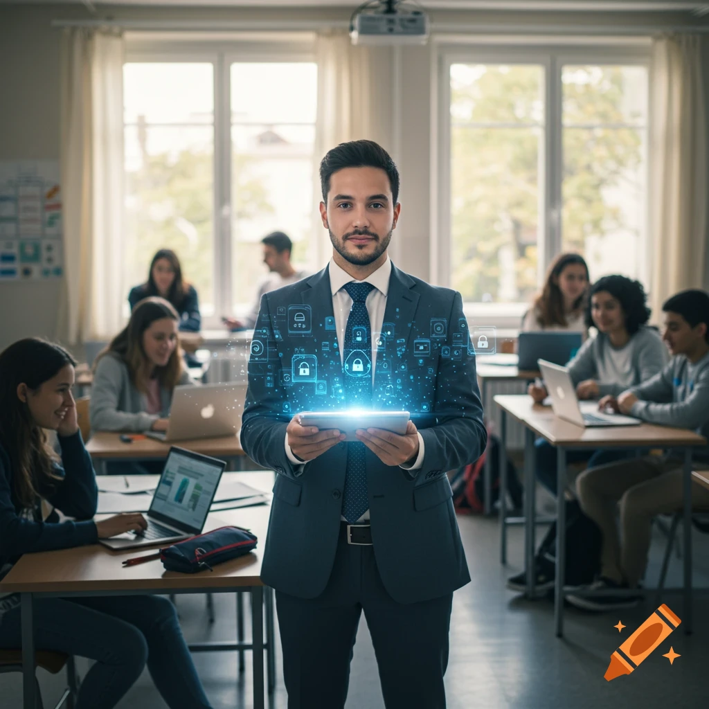 A man in a suit holds a tablet with glowing digital security icons, standing in a classroom with students working on laptops in the background.