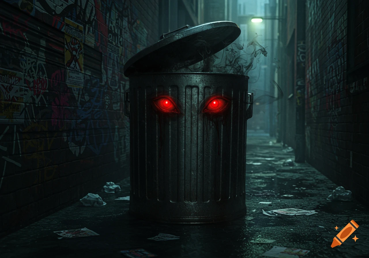 A dark alley with a metal trash bin that has glowing red evil eyes and smoke rising from its open lid.