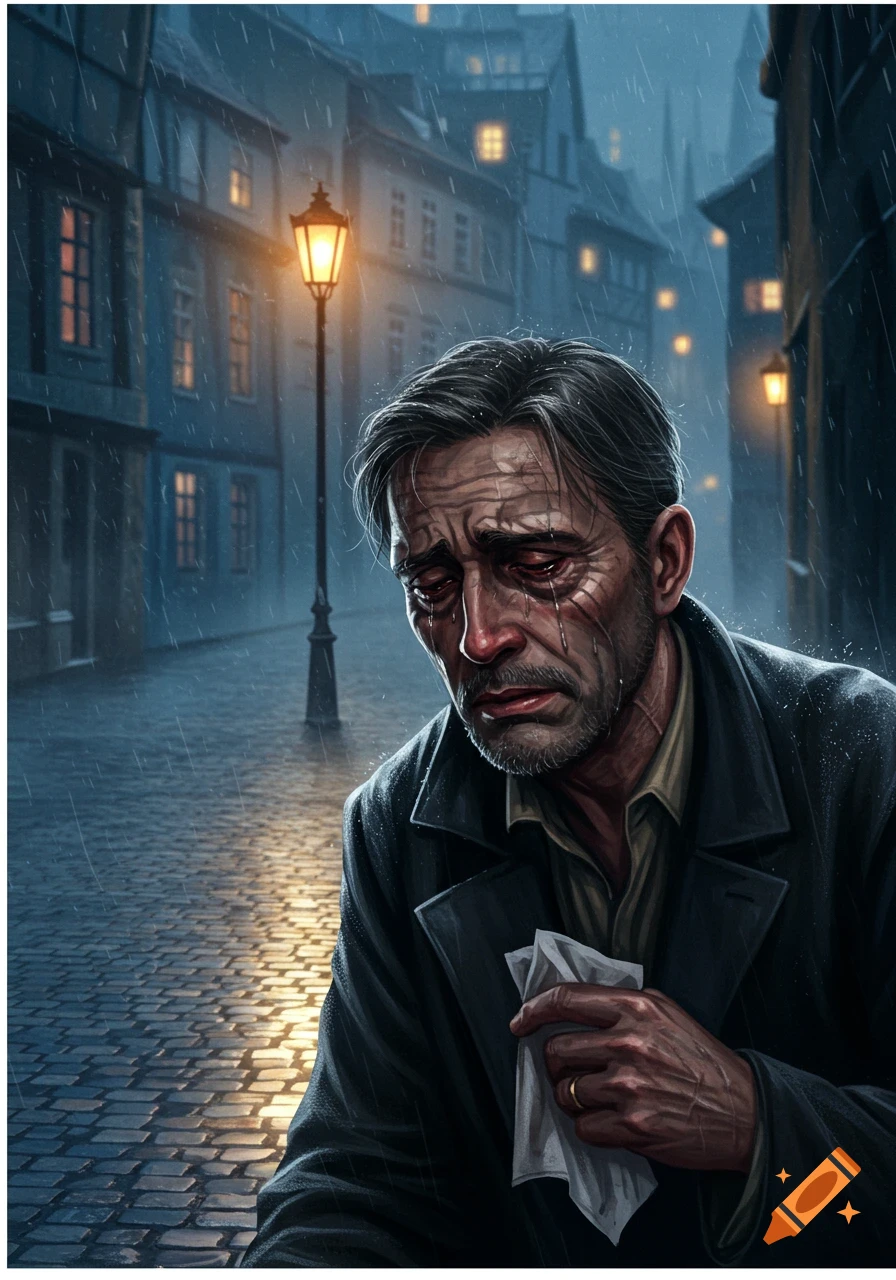 A man with a beard cries in the rain on a cobbled street at night, holding a tissue. A lit lamppost is behind him.