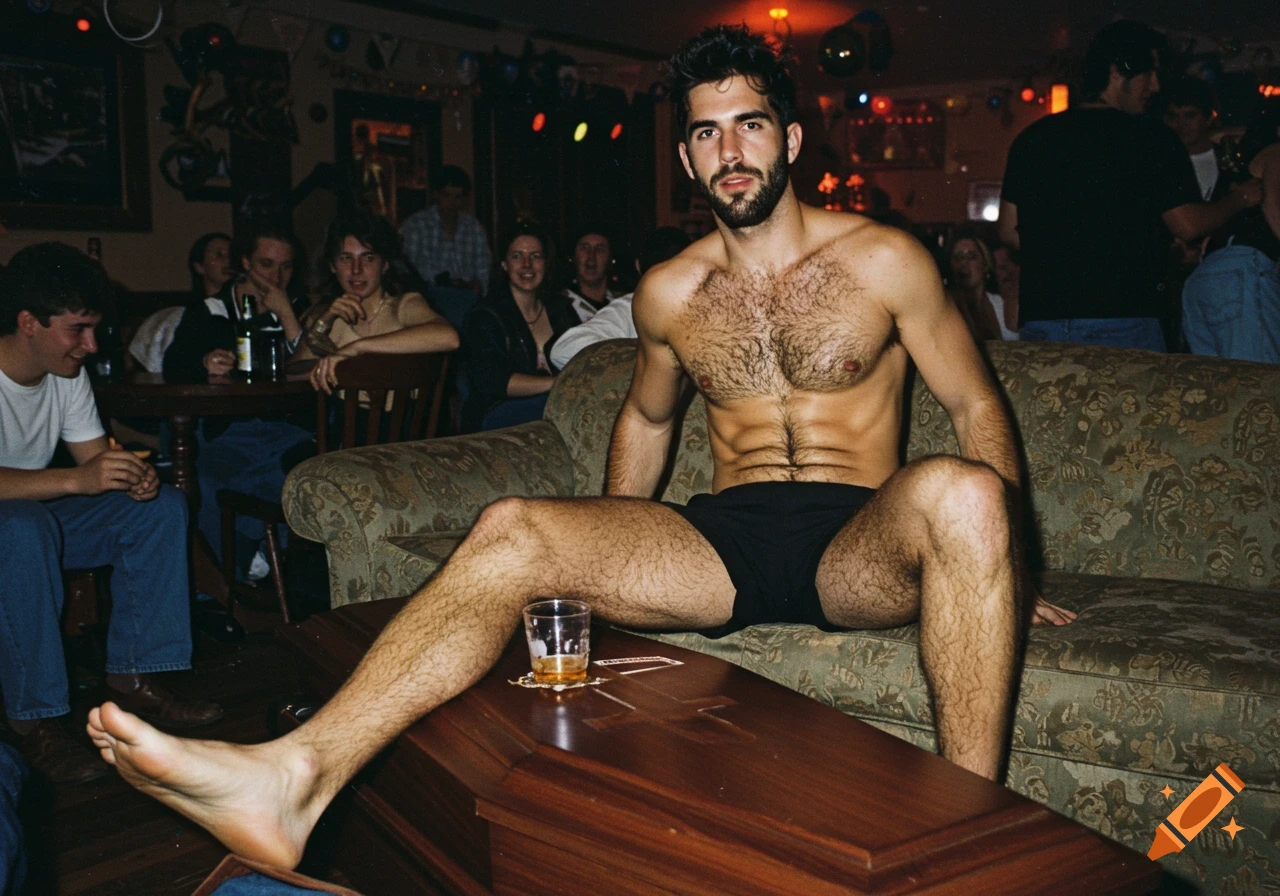 Hairy, muscular man in black boxers sits on a sofa, feet on a coffin, at a dimly lit party.