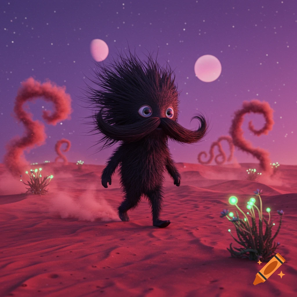 A whimsical, fuzzy black alien with a large mustache walks on a red desert under a purple-pink sky with glowing plants and moons.