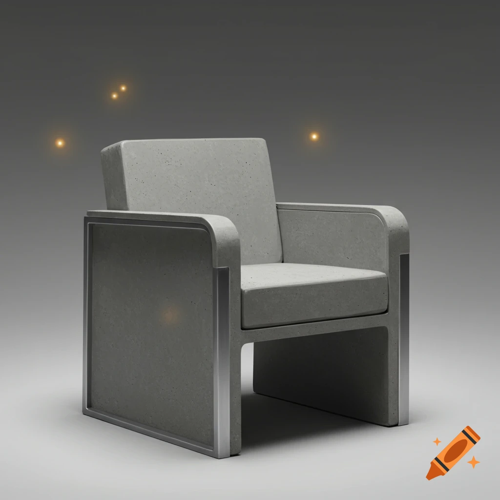 A minimalist brutalist dining chair with a concrete finish and metal frame, set against a dark background with subtle glowing orbs.