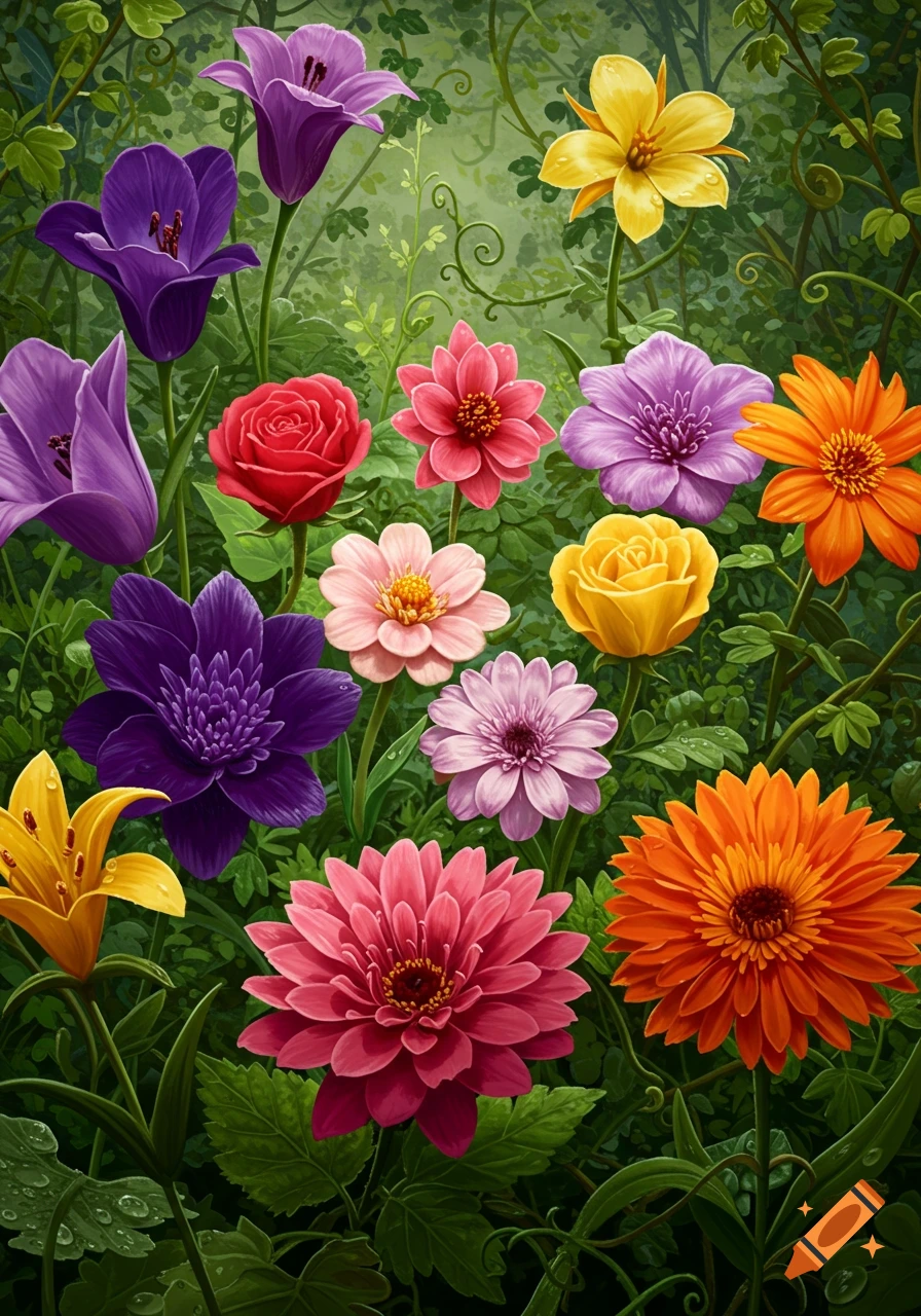 A vibrant garden full of various colorful flowers in shades of purple, red, pink, yellow, and orange amidst green foliage.