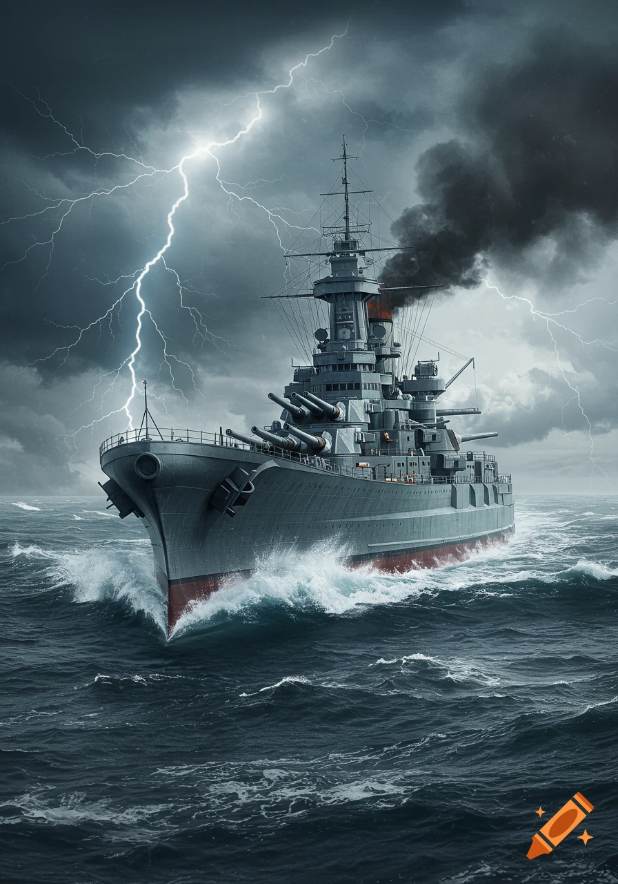 A powerful battleship sails through dark, turbulent seas under a stormy sky with a bright lightning strike.