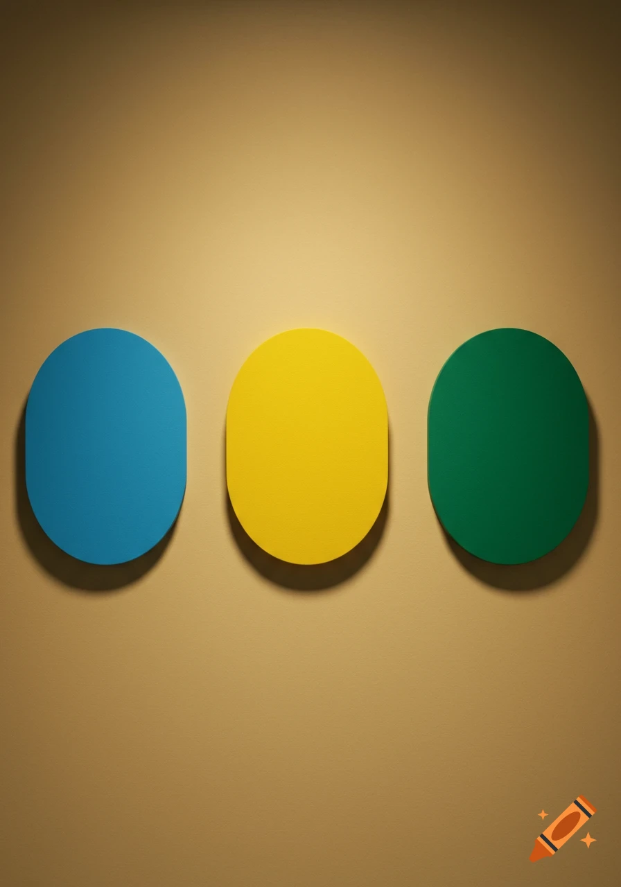 Three blue, yellow, and green ovals arranged horizontally on a light brown wall, casting shadows.