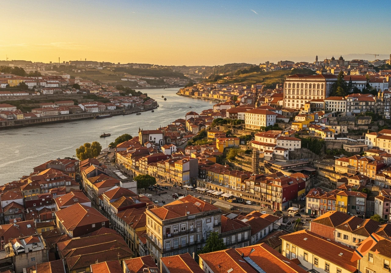 Aerial view of the city of Porto with red-roofed buildings along a river at sunset, photorealistic style.