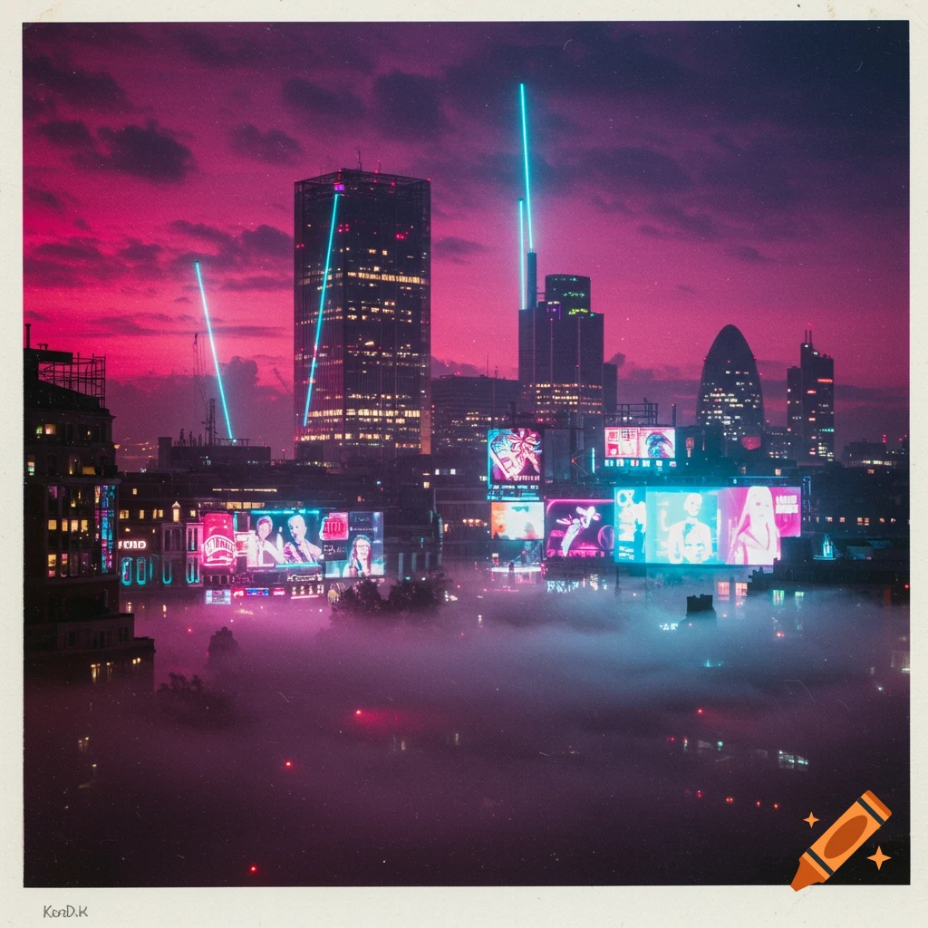 A vibrant cyberpunk cityscape at dusk with towering skyscrapers, neon lights, glowing billboards, and a misty foreground, bathed in pink and purple hues.