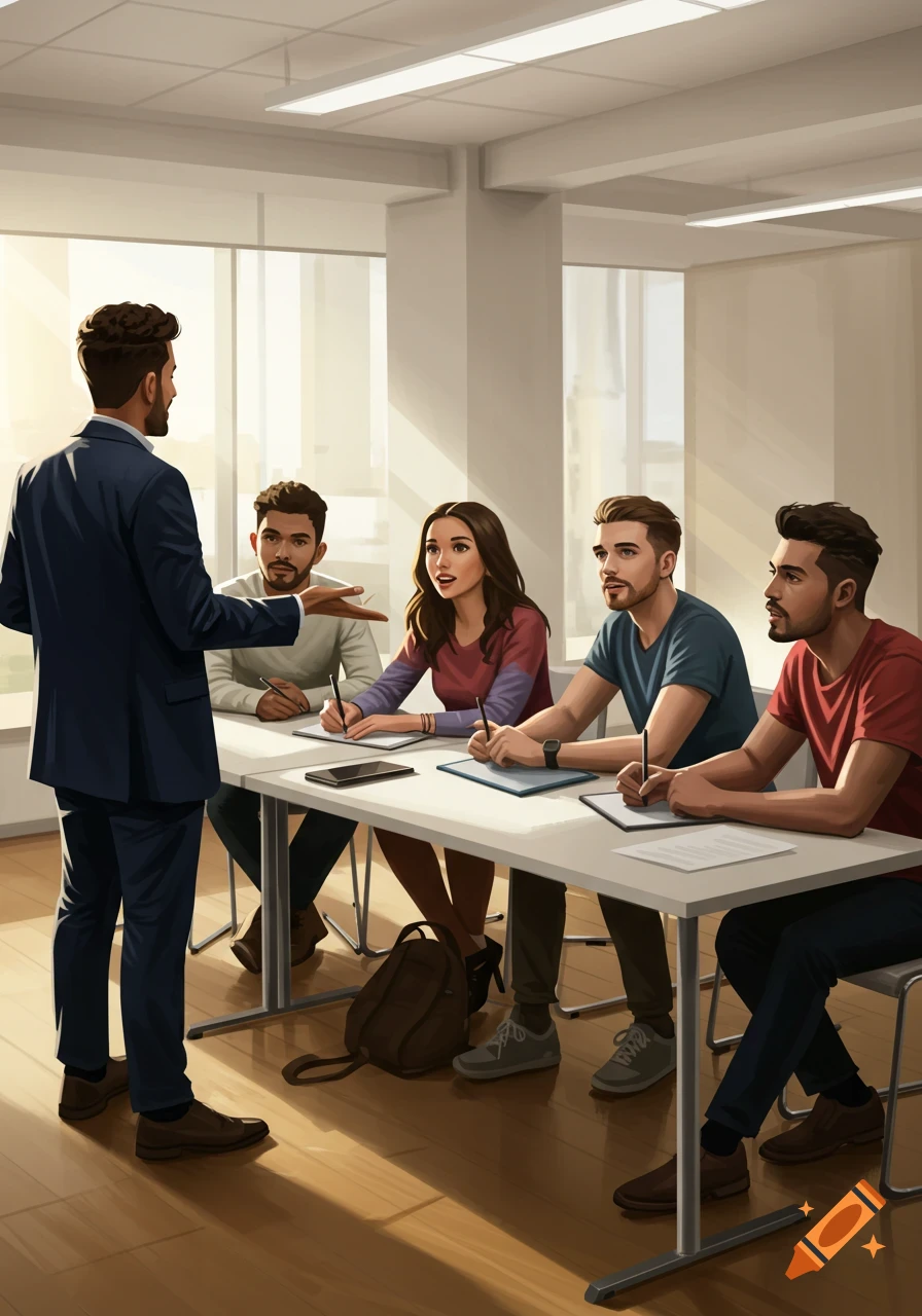 A male trainer in a suit gestures towards four seated trainees taking notes at a table in a bright, modern classroom.
