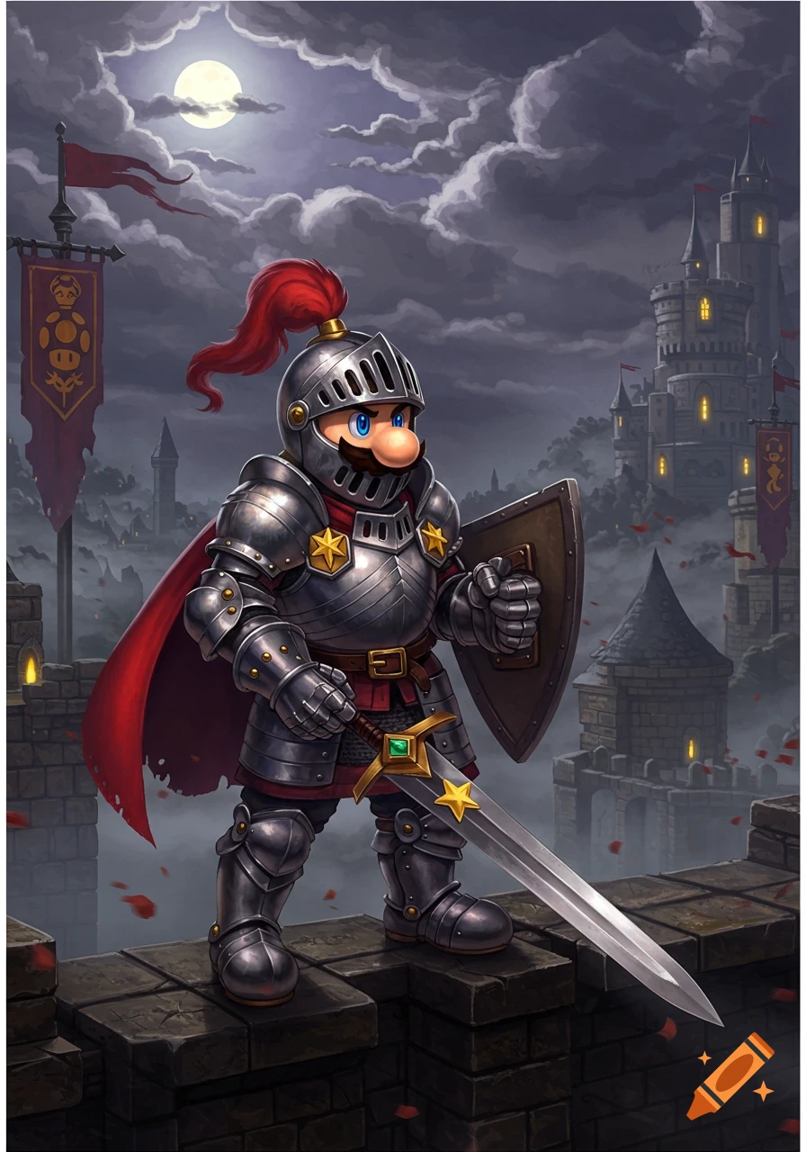 Mario in shiny knight armor, holding a sword and shield, stands on a castle wall under a full moon, with a medieval castle behind him.