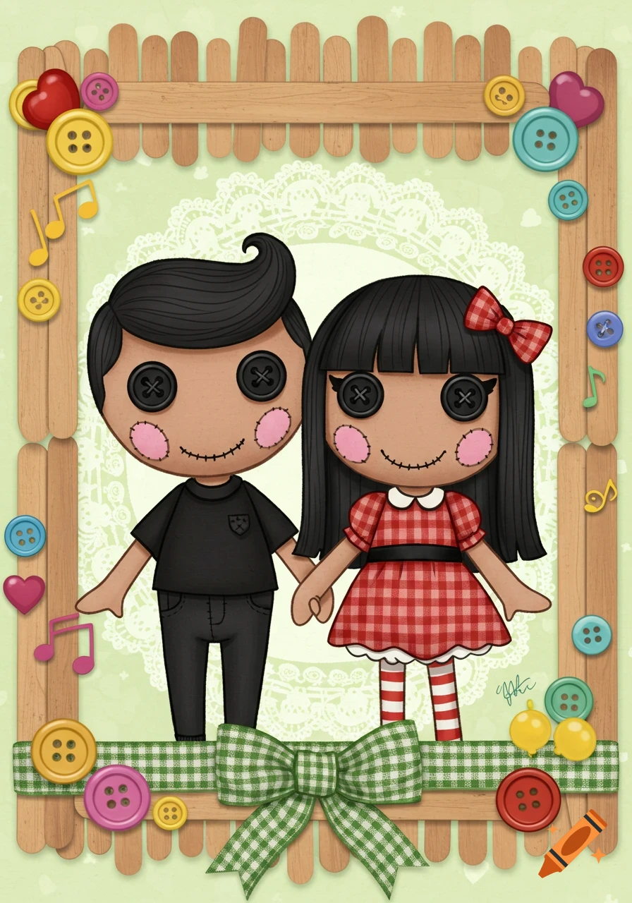 A cute Lalaloopsy-style digital drawing of a boy and girl doll holding hands, framed by popsicle sticks, buttons, and a gingham bow.