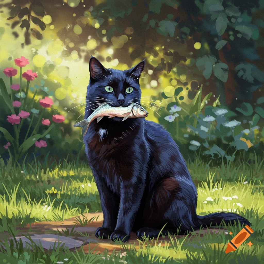 A black cat with bright green eyes sits in a sunny garden, holding a fish in its mouth. Illustrated style.