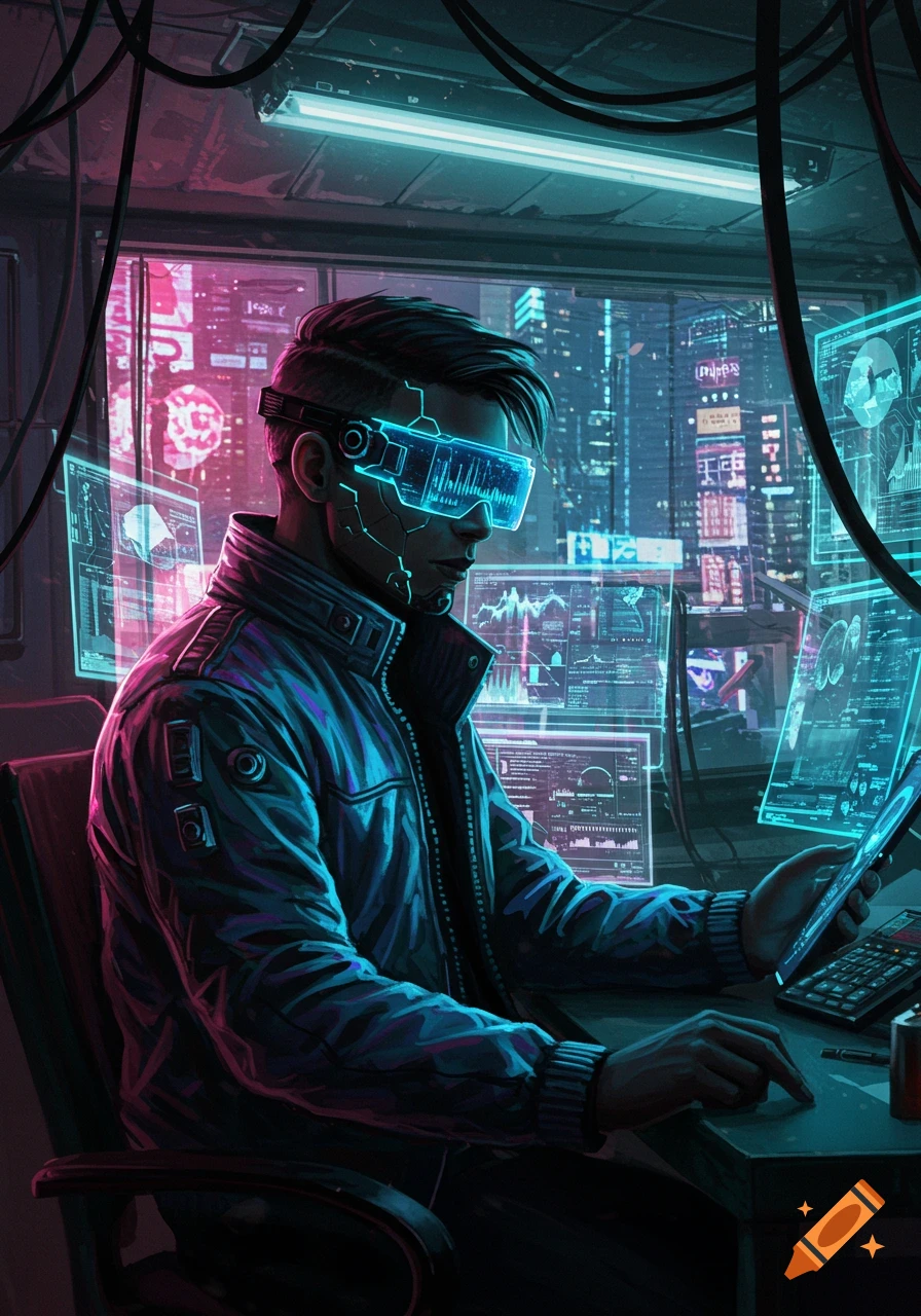 A man in a cyberpunk setting with VR goggles, surrounded by glowing holographic screens and a neon city at night.