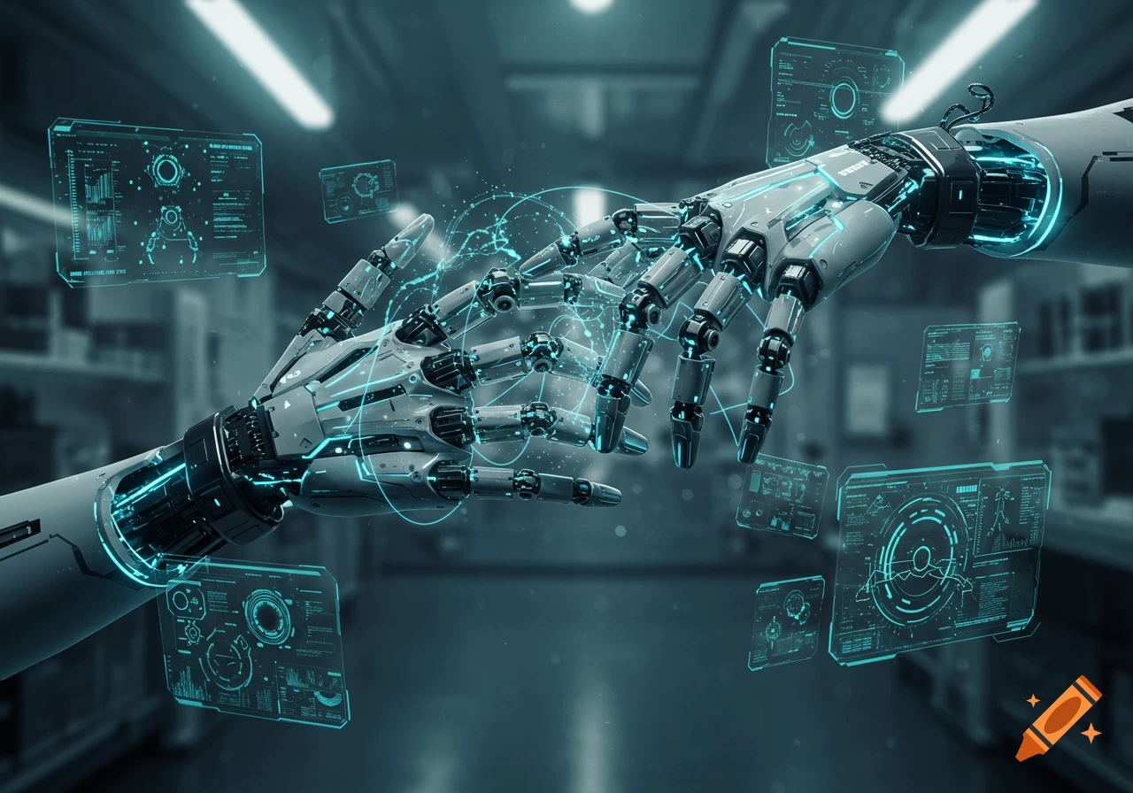 Detailed robotic hands reaching, connected by glowing blue digital lines and surrounded by holographic data in a futuristic setting.