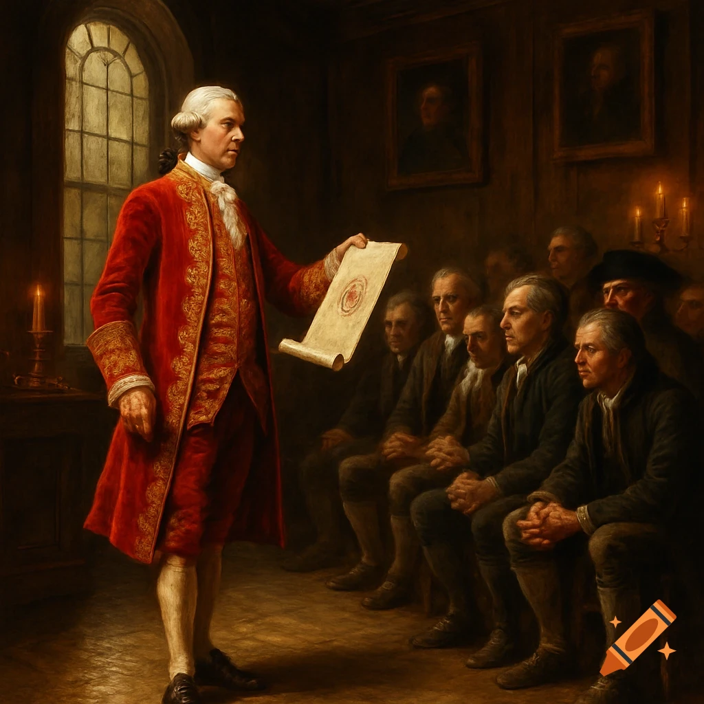 A man in a red coat presents a scroll to a group of men in 18th-century attire, painted in a classical style.
