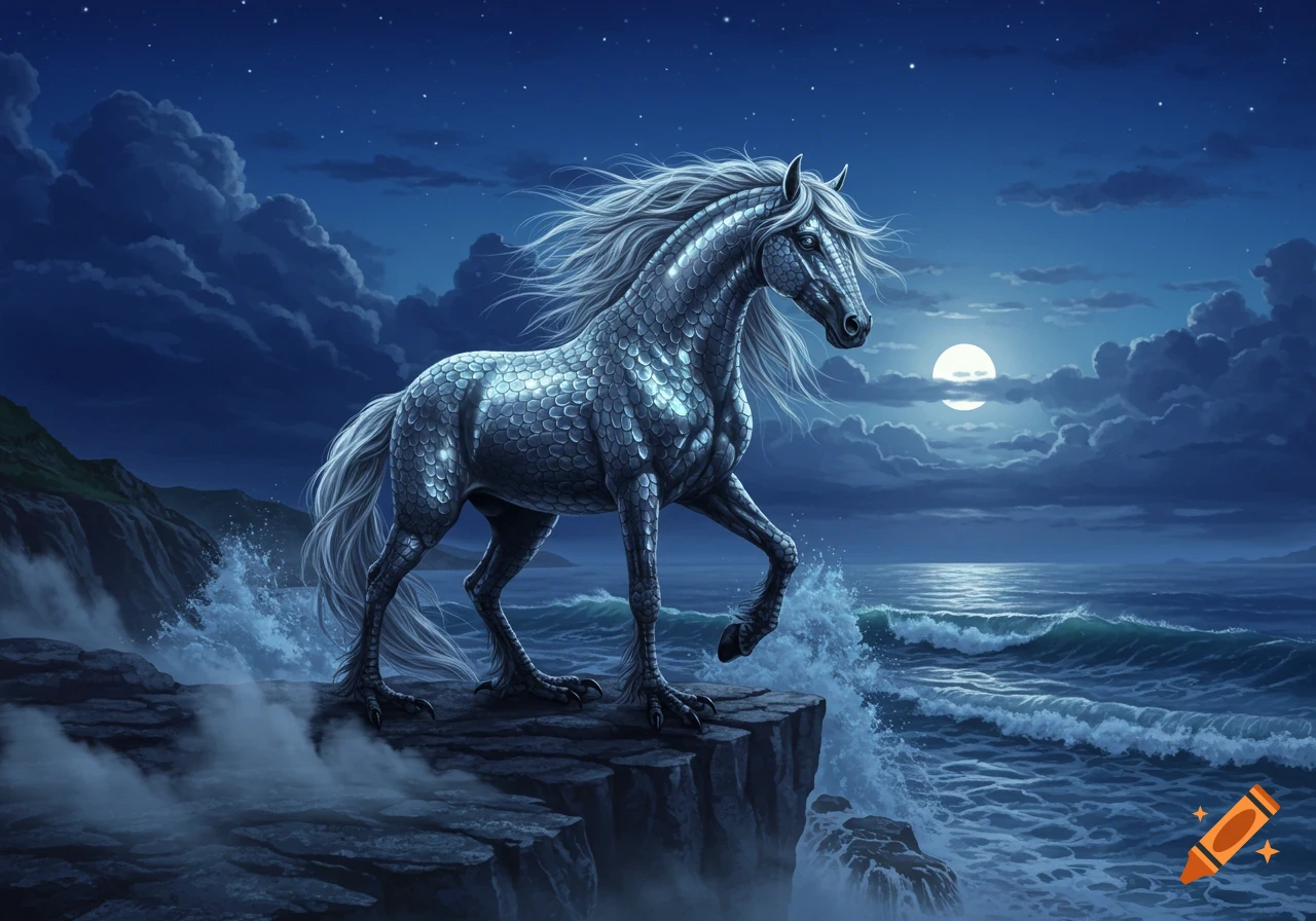 A majestic silver scaled horse with clawed feet stands on a cliff overlooking a moonlit ocean under a starry night sky.