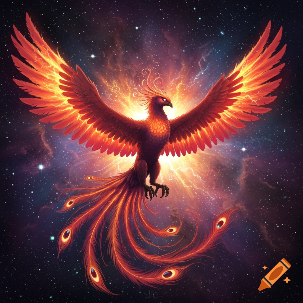 A fiery phoenix with outstretched wings and a long feathered tail flies through a starry galaxy, emanating bright light.