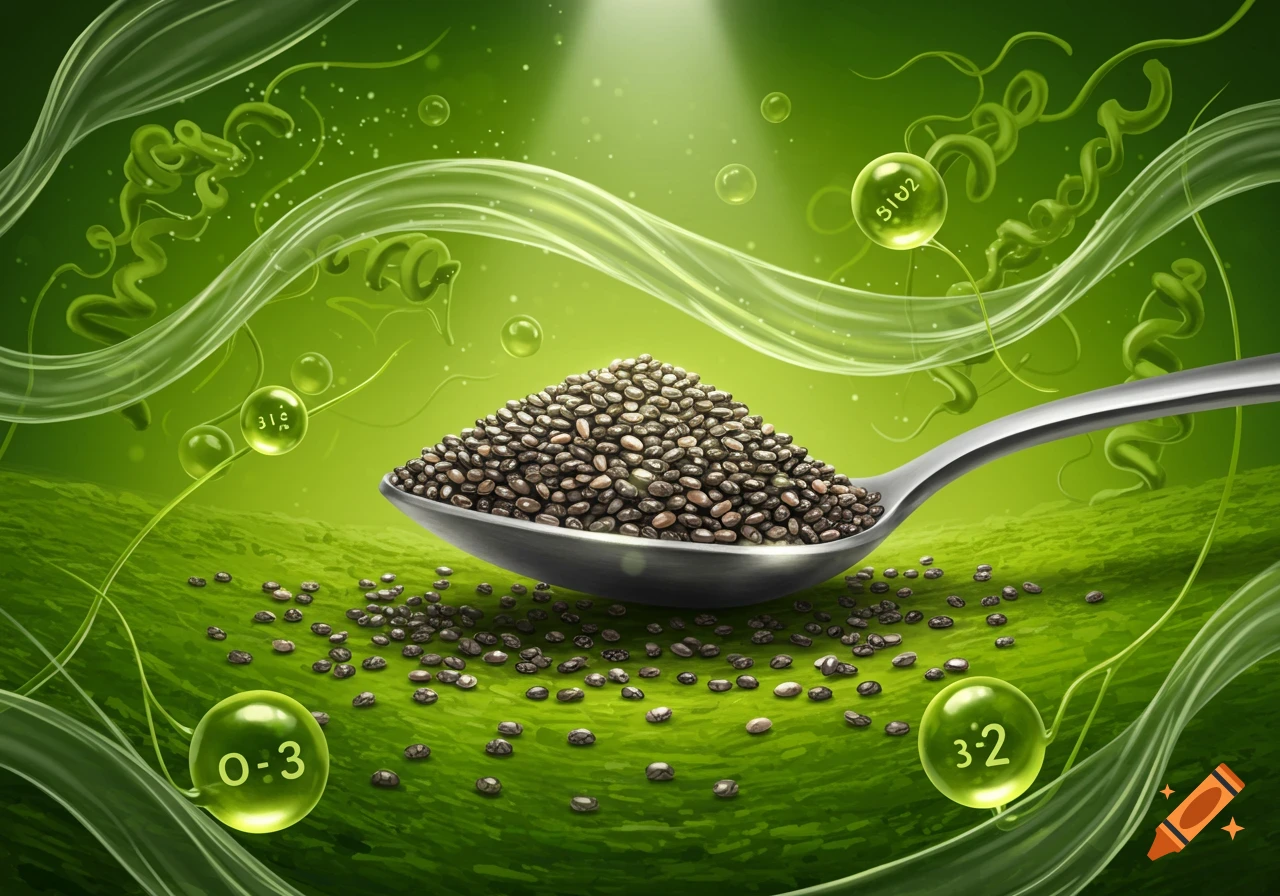 A spoon overflowing with chia seeds on a vibrant green, wavy background with glowing green bubbles containing nutrient-like symbols.