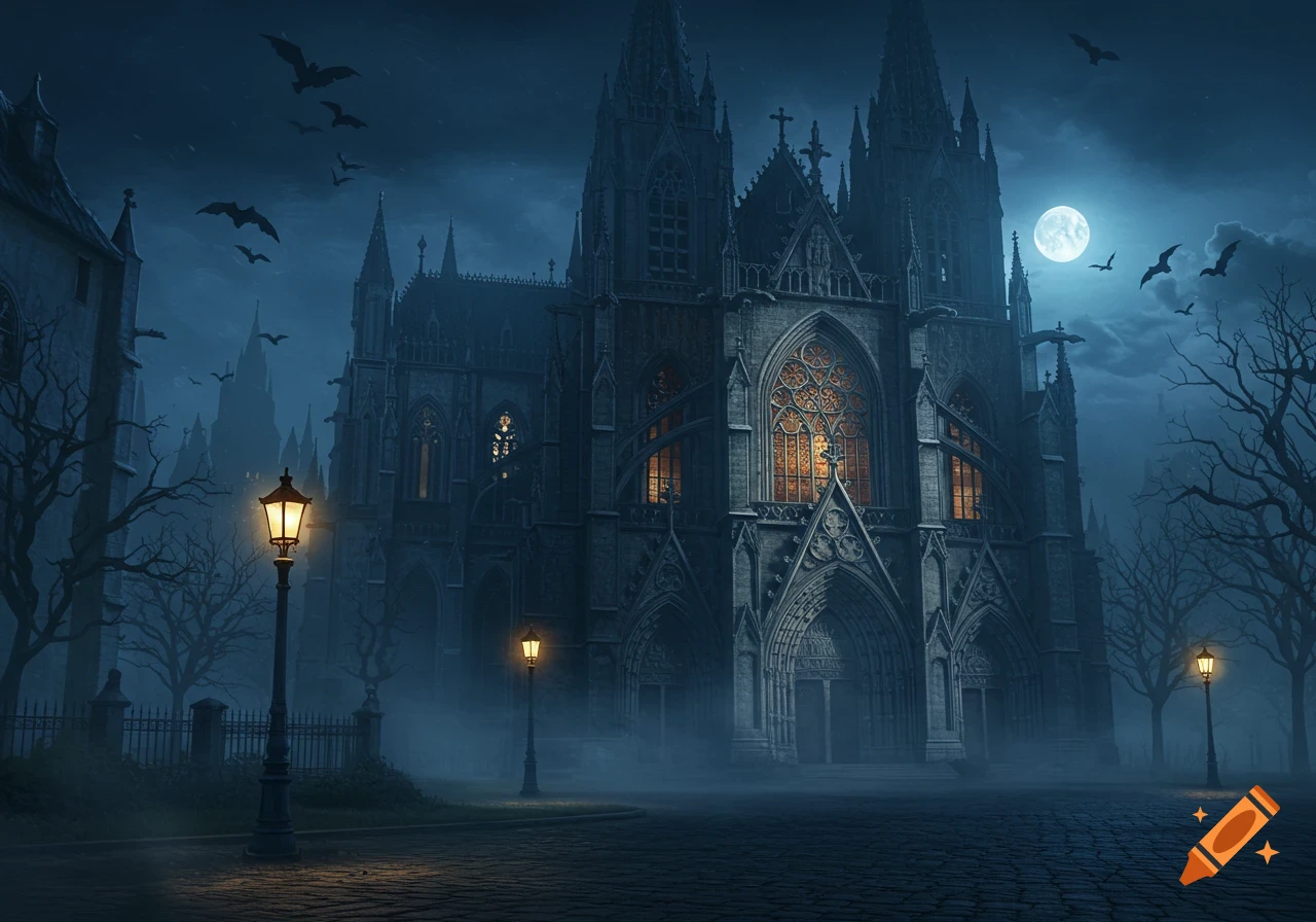 A grand gothic cathedral at night under a full moon, with bats flying and fog shrouding the cobbled street and bare trees.