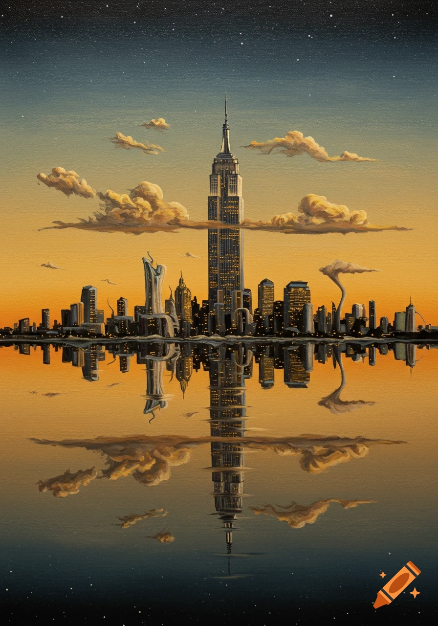 Surreal oil painting of a New York cityscape, with a prominent skyscraper reflecting in still water under a golden sky and starry night.