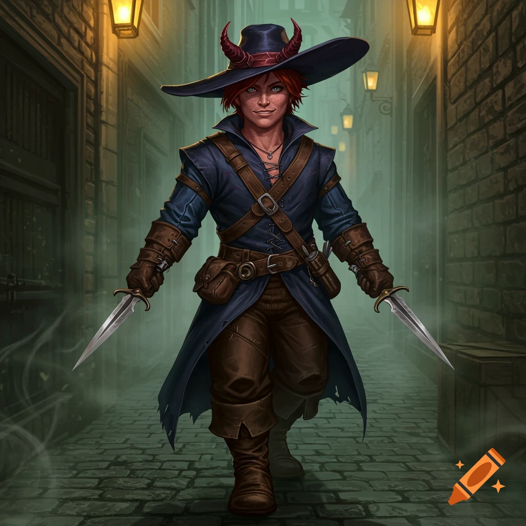 A red-haired halfling rogue in a horned hat and dark coat walks in a misty alley, holding two daggers. Fantasy art.