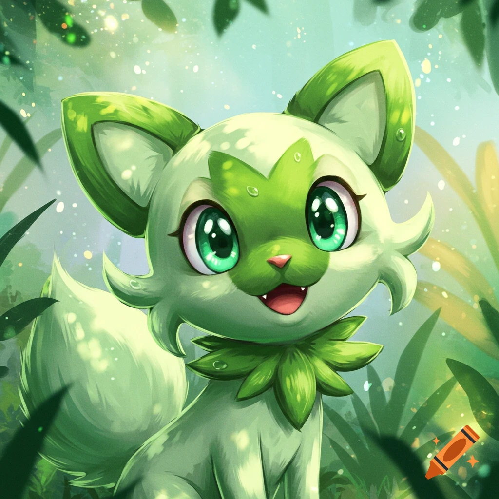 A cute green Sprigatito Pokemon with big green eyes smiles in a lush green jungle environment.