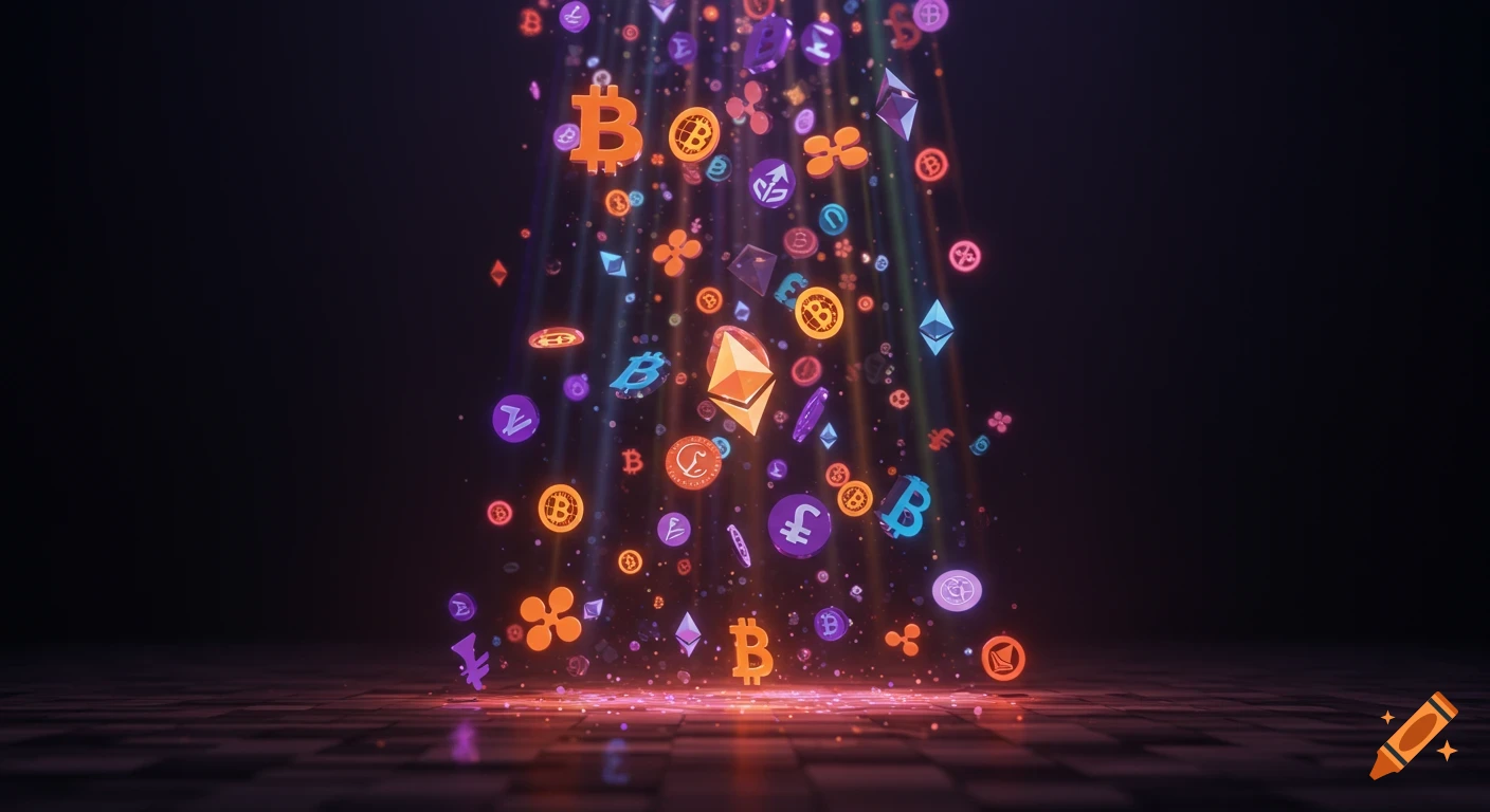 Colorful cryptocurrency icons like Bitcoin and Ethereum symbols rain down with bright light effects onto a dark, reflective surface.