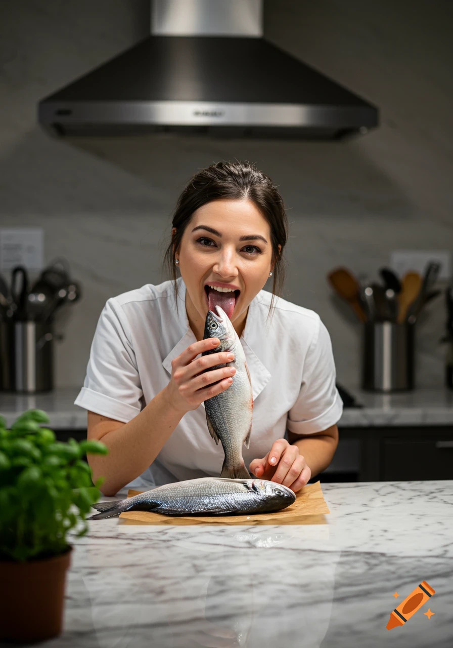 A woman in a chef's coat licks a raw fish in a modern kitchen, with another fish on a cutting board.
