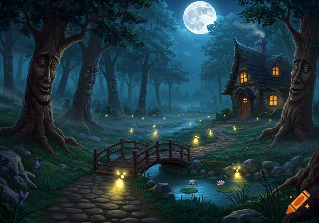A magical, spooky Disney-style forest at night with a full moon, glowing spirits, a cottage, and trees with carved faces.