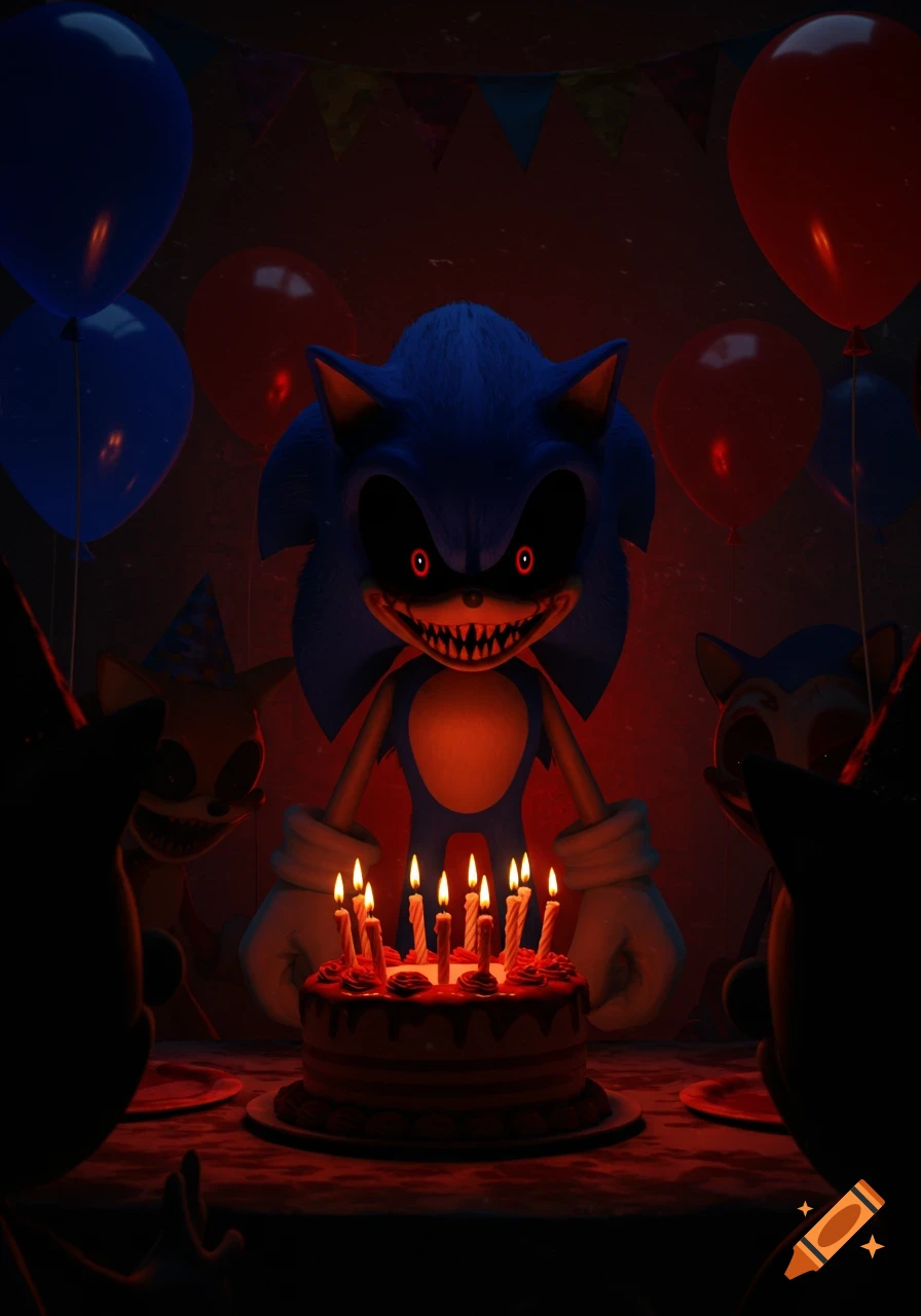 Demonic Sonic.exe and other creepy characters with glowing red eyes at a dark, horror-themed birthday party with a cake and balloons.