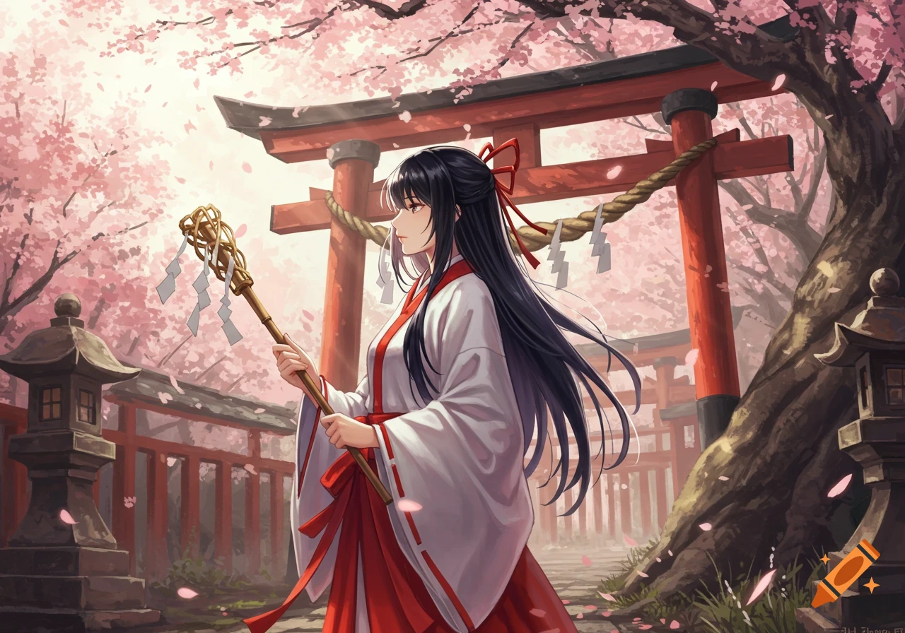 Anime shrine maiden with a purification rod stands among cherry blossoms and red torii gates at a Japanese shrine.