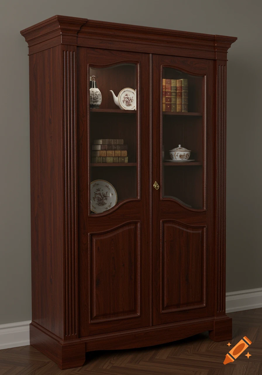 A dark brown wooden cabinet with glass doors displays books and decorative dishware in a photorealistic style.