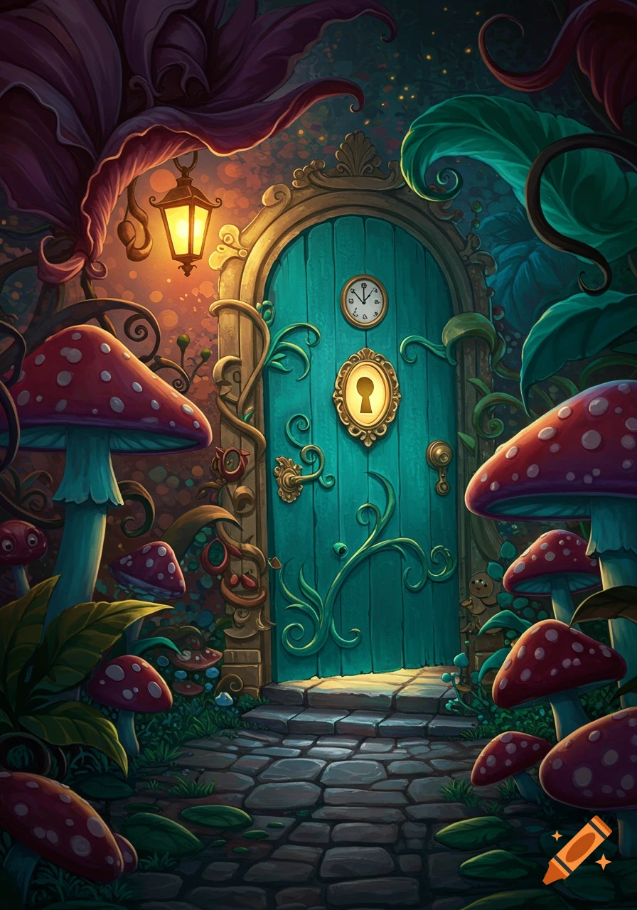 Vibrant fantasy illustration of an ornate teal door with a keyhole, surrounded by large red and white mushrooms and glowing plants.
