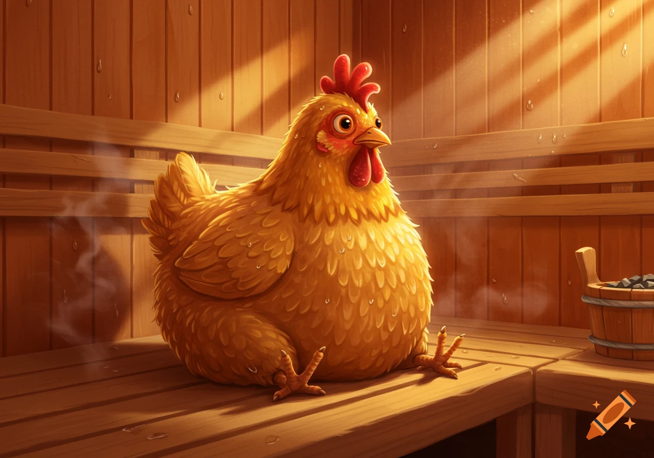A fluffy, golden cartoon chicken sits on a wooden bench in a steamy sauna.