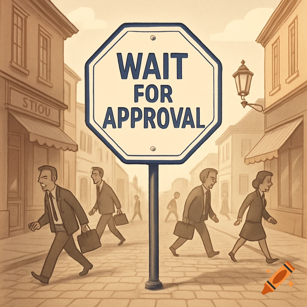 An illustration of businesspeople walking past a large stop sign in a city street. The sign reads "WAIT FOR APPROVAL."