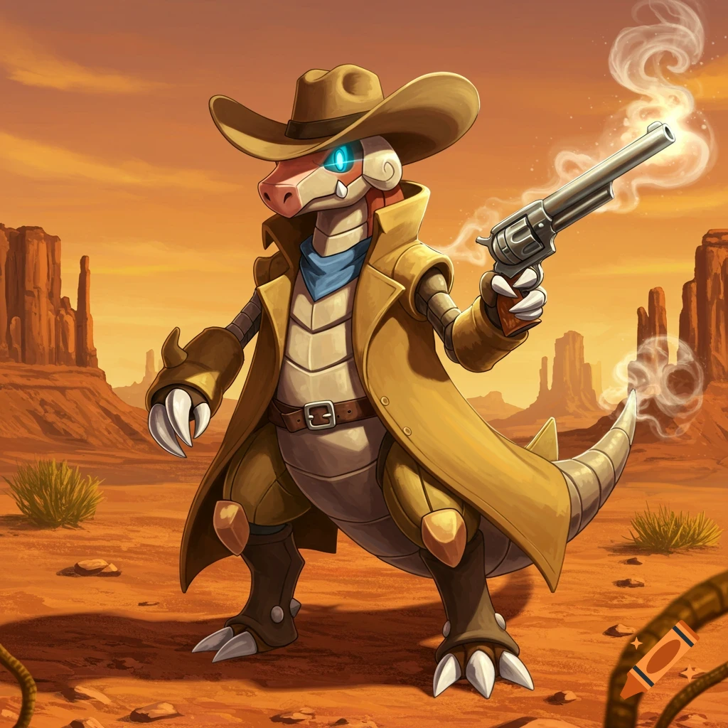 A cartoon dinosaur-like creature in a cowboy hat and duster coat holds a smoking revolver in a desert landscape.