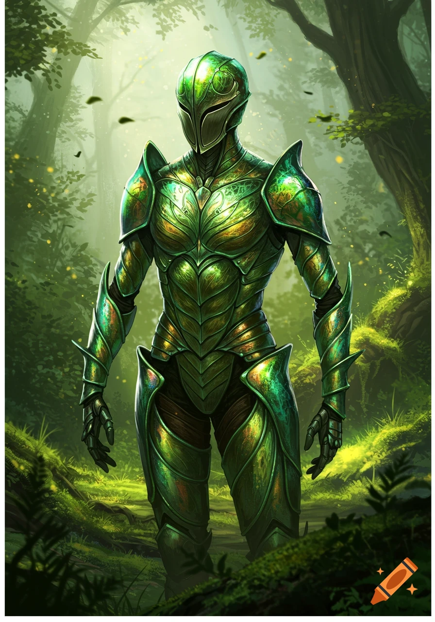 A full-body view of a person in a shimmering green and gold beetle chitin suit of armor standing in a lush, magical forest.