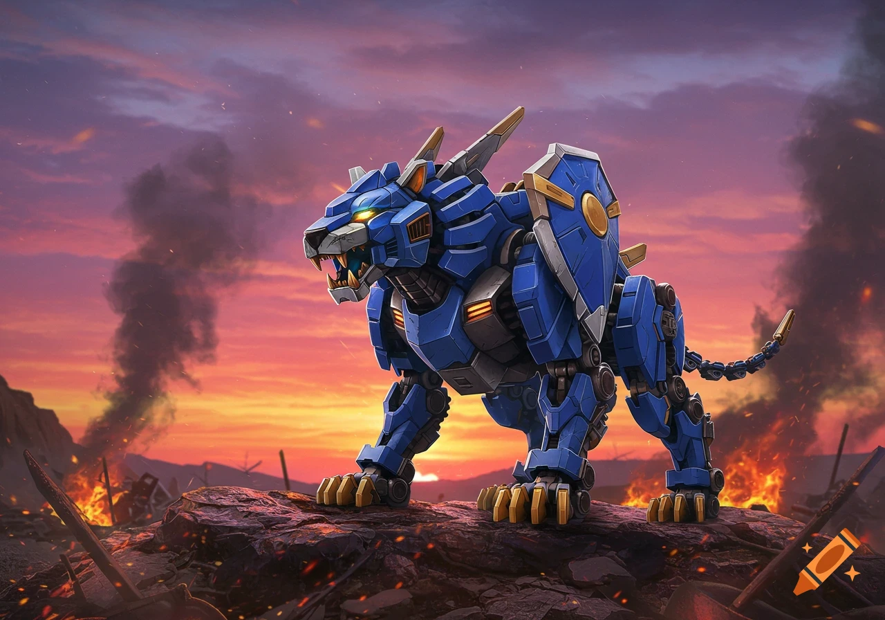 A blue mecha lion (Shield Liger) stands on a fiery battlefield at sunset.