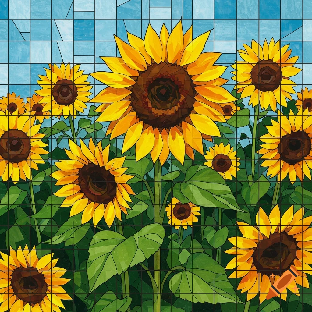 A vibrant stained glass cubist illustration of a field of sunflowers under a blue sky, rendered with rectangular segments.