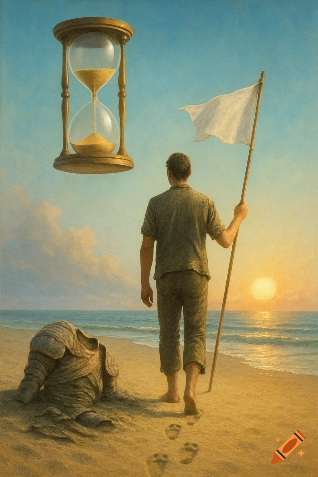A man walks barefoot on a beach towards a sunset, holding a white flag. A giant hourglass floats above, and discarded armor lies in the sand.