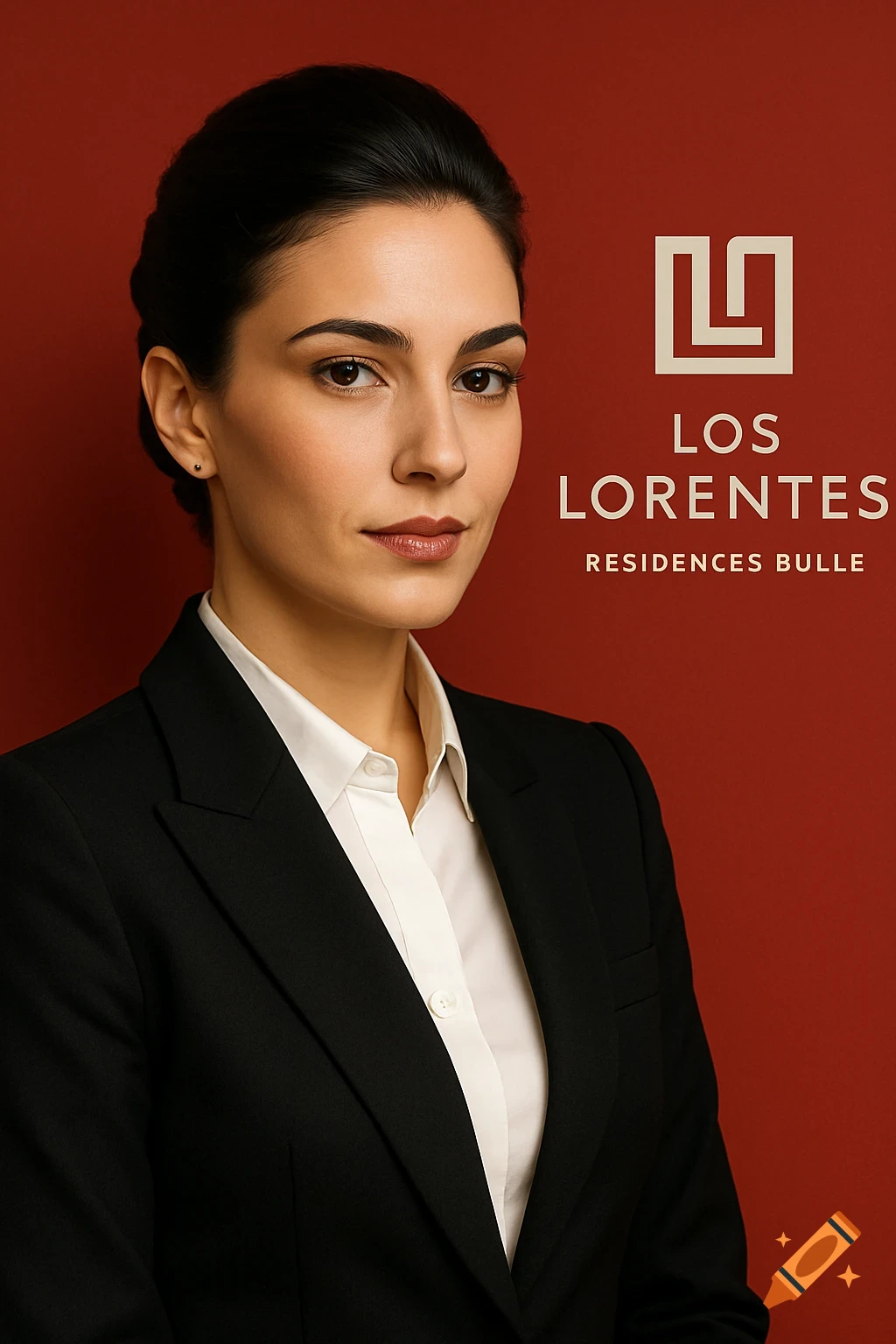 Photorealistic portrait of a woman in a black suit and white shirt, against a red background with 'Los Lorentes Residences Bulle' logo.