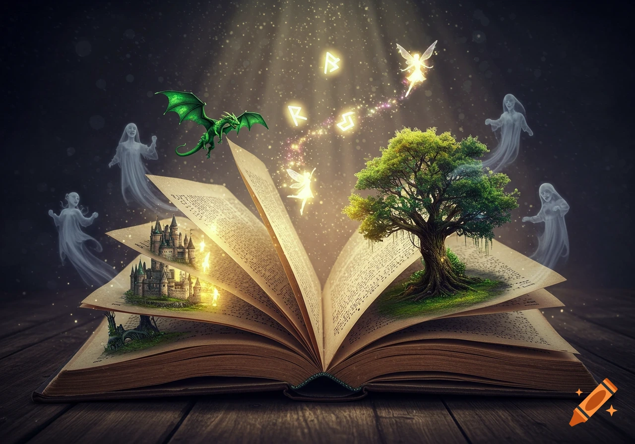An open, old book with pages turning, from which magical elements emerge: a green dragon, glowing fairies, a miniature castle, a large tree, floating runes, and ghostly figures. Magical light rays fill the scene.
