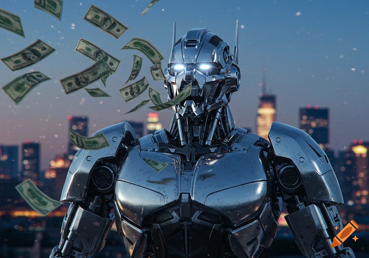 Photorealistic metallic robot with glowing eyes, dollar bills flying around it against a city skyline at dusk.
