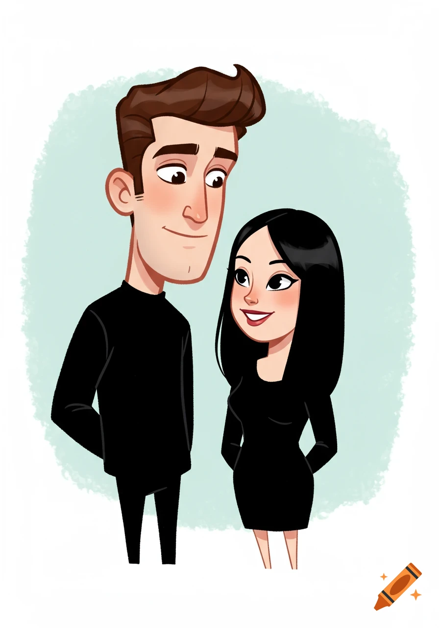 Cartoon illustration of a man with brown hair looking at a smiling woman with black hair, both in black clothing, on a light blue background.