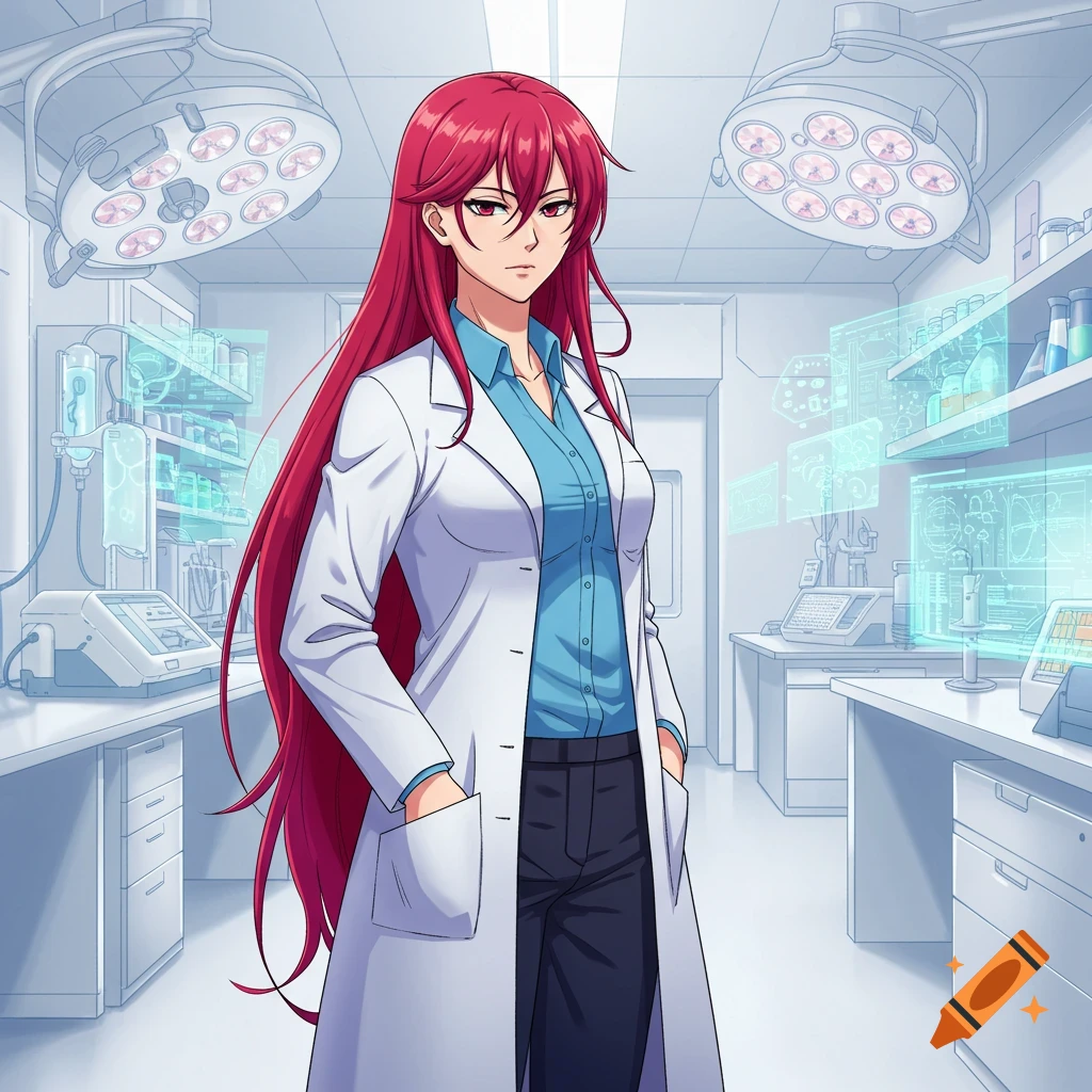 Anime female doctor with long red hair in a white lab coat standing in a bright laboratory.