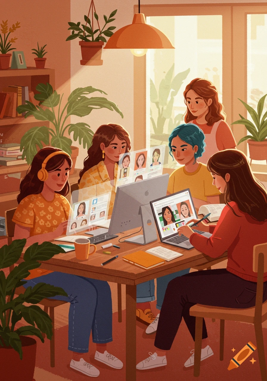 Illustrated scene of several women participating in an online workshop with computers, surrounded by plants.