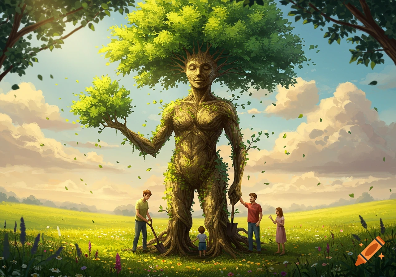 A family with a child in a sunny field around a giant, muscular tree-human with foliage for hair and leaves falling, in a stylized art style.