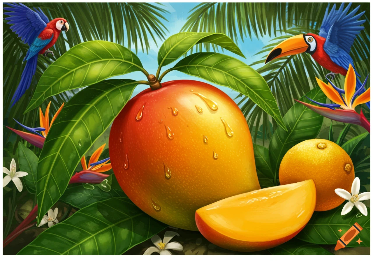 Vibrant illustration of a large wet mango with a slice, surrounded by tropical leaves, colorful flowers, a red and blue macaw, and a toucan.
